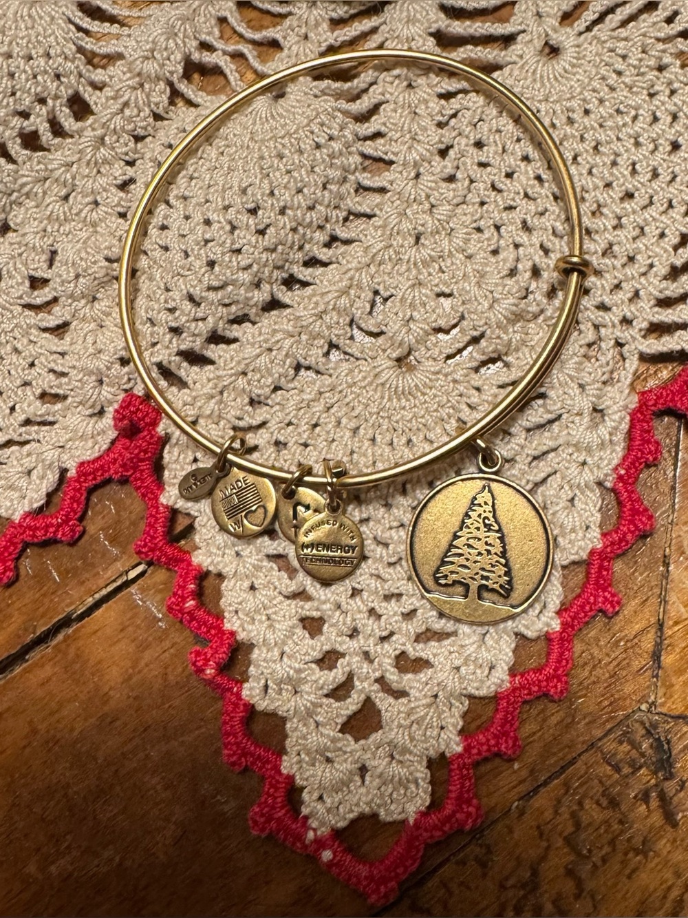 Alex and Ani Gold Charm expandable Bangle Bracelet with Christmas Tree Charm